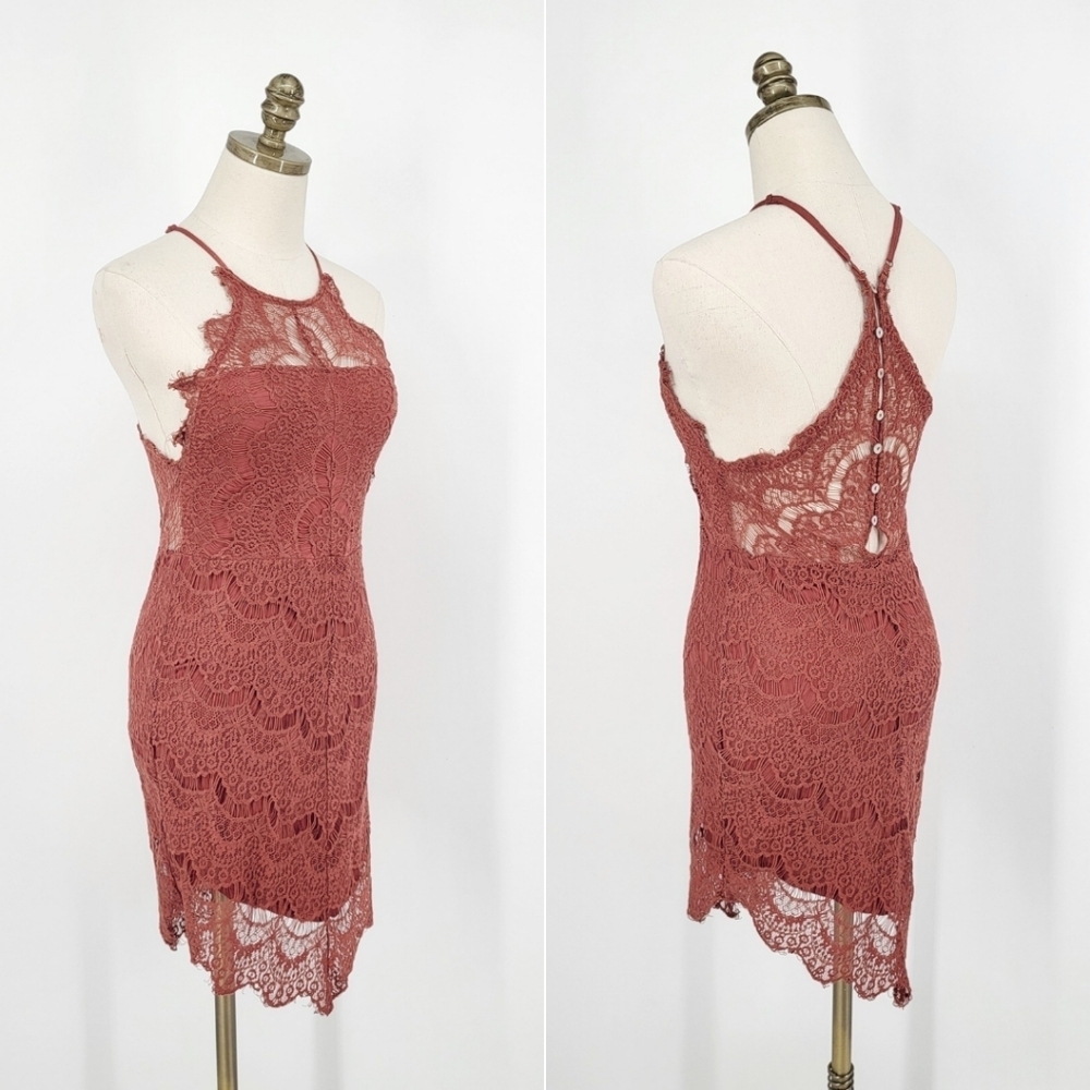 Free People Intimately She's Got It Lace Mini Dress Sheer Raceback Rust Small